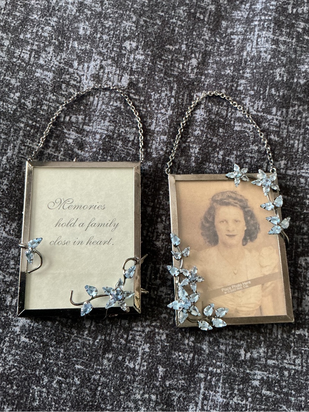 2 Hallmark Family Tree Reversible Photo Holder Ornament Blue Rhinestone Flowers